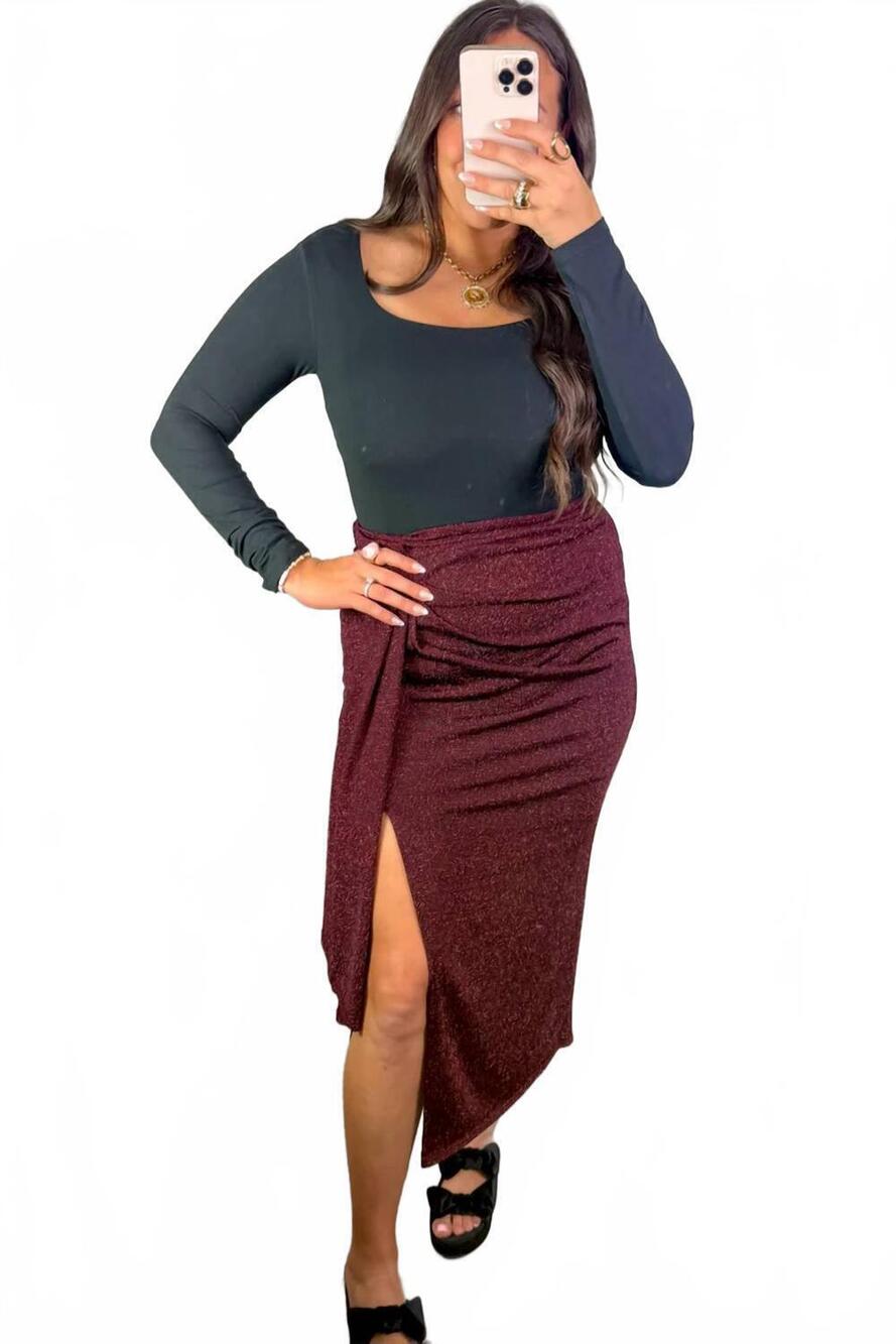 NEW GILLI sparkle wrap midi skirt in merlot